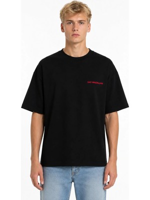 Unisex Kadın Erkek Say Masallah Yazılı Logo Ön Baskılı Oversize Kalın Kumaş Rahat Kesim Pamuklu T-Shirt