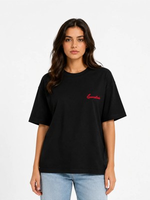 Unisex Essential Yeni Sezon Logo Ön Baskılı Oversize Kalın Kumaş Rahat Kesim Pamuklu T-Shirt