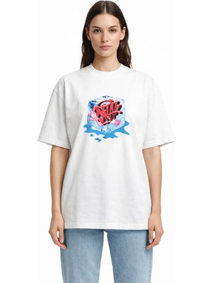 Unisex Kadın Erkek Snack Buz Küpü Ön Baskılı Oversize Kalın Kumaş Rahat Kesim Pamuklu T-Shirt