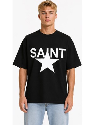 Unisex Kadın Erkek Saint Yazılı Yıldız Ön Tasarım Baskılı Oversize Kalın Kumaş Rahat Kesim T-Shirt