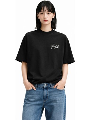 Unisex Yazı Logo Graffiti Yazılı Özel Arma Ön Baskılı Oversize Kalın Kumaş Rahat Kesim Pamuklu T-Shirt