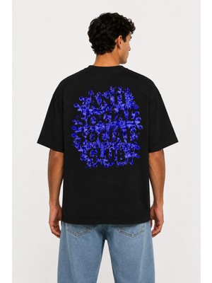 Unisex Kadın Erkek Anti Social Mor Ön ve Sırt Baskılı Oversize Kalın Kumaş Rahat Kesim Pamuklu T-Shirt