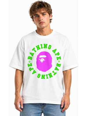 Unisex Kadın Erkek Bape Yuvarlak Yeni Sezon Ön Tasarım Baskılı Oversize Kalın Kumaş Rahat Kesim T-Shirt