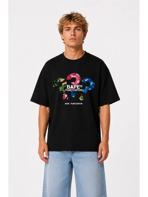 Unisex Kadın Erkek 3'lu Bape Soru Işareti Ön Baskılı Oversize Kalın Kumaş Rahat Kesim Pamuklu T-Shirt