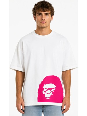 Unisex Kadın Erkek Bape Etek Ucu Pembe Tasarım Baskılı Oversize Kalın Kumaş Rahat Kesim T-Shirt