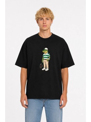 Unisex Kadın Erkek Tenis Raketli Timsah Ön Baskılı Tasarım Baskılı Oversize Kalın Kumaş Rahat Kesim T-Shirt
