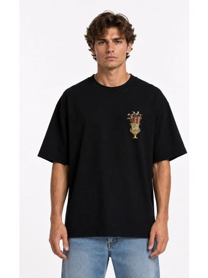Unisex Kadın Erkek Saksı ve Baston Ön ve Arka Baskılı Oversize Kalın Kumaş Rahat Kesim Pamuklu T-Shirt