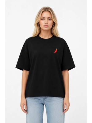 Unisex Kadın Erkek Kırmızı Biber Logo Ön Baskılı Oversize Kalın Kumaş Rahat Kesim T-Shirt