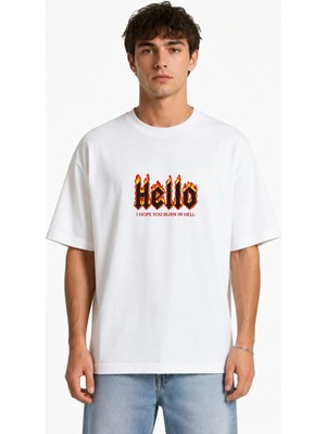 Unisex Kadın Erkek Hello Alev Yazılı Ön Baskılı Tasarım Baskılı Oversize Kalın Kumaş Rahat Kesim T-Shirt