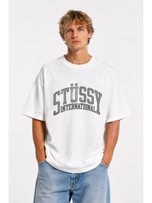 Unisex Kadın Erkek Stussy International Logo Ön Baskılı Tasarım Baskılı Oversize Kalın Kumaş Rahat Kesim T-Shirt
