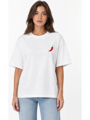 Unisex Kadın Erkek Kırmızı Biber Logo Ön Baskılı Oversize Kalın Kumaş Rahat Kesim T-Shirt