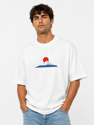 Unisex Kadın Erkek Fuji Dağ Tasarım Baskılı Oversize Kalın Kumaş Rahat Kesim T-Shirt