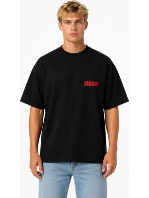 Unisex Kadın Erkek Kırmzıı Stussy Yazılı Logo Baskılı Oversize Kalın Kumaş Rahat Kesim T-Shirt