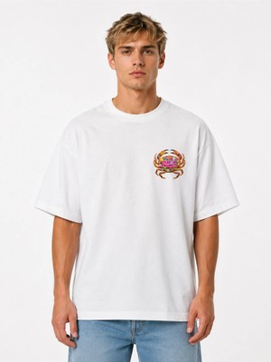 Unisex Kadın Erkek Yengeç Sticker Logo Ön Tasarım Baskılı Oversize Kalın Kumaş Rahat Kesim T-Shirt