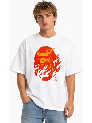 Unisex Kadın Erkek Bape Alevli Özel Tasarım Baskılı Oversize Kalın Kumaş Rahat Kesim T-Shirt