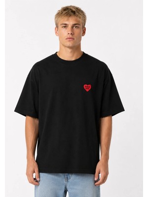 Unisex Kadın Erkek Human Made Kırmızı Kalp Logo Baskılı Oversize Kalın Kumaş Rahat Kesim T-Shirt
