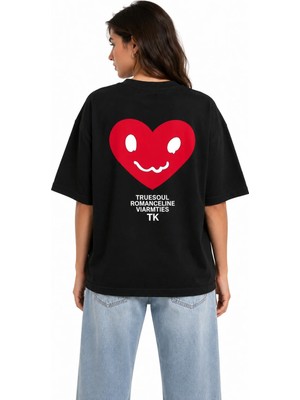 Unisex Kadın Erkek Tk Kırmızı Kalp Sırt Baskılı Oversize Kalın Kumaş Rahat Kesim T-Shirt