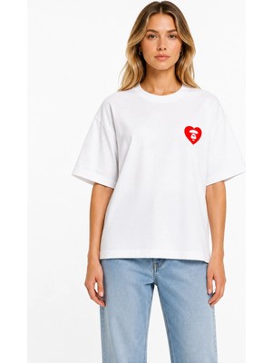 Unisex Kadın Erkek Bape Ape Kalp Logo Ön Baskılı Oversize Kalın Kumaş Rahat Kesim T-Shirt