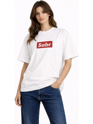 Unisex Kadın Erkek Sabr Kırmızı Ön Baskılı Oversize Kalın Kumaş Rahat Kesim Pamuklu T-Shirt