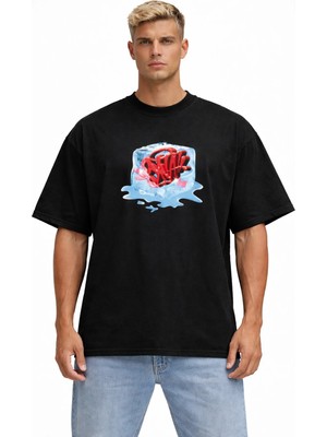 Unisex Kadın Erkek Snack Buz Küpü Ön Baskılı Oversize Kalın Kumaş Rahat Kesim Pamuklu T-Shirt