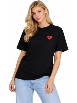 Unisex Kadın Erkek Kırık Kalp Comme Ön Baskılı Oversize Kalın Kumaş Rahat Kesim Pamuklu T-Shirt