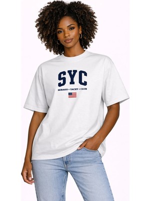 Unisex Kadın Erkek Syc Amerikan Bayraklı Ön Baskılı Oversize Kalın Kumaş Rahat Kesim Pamuklu T-Shirt