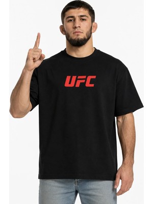 Unisex Kadın Erkek Ufc Kırmızı Yazılı Logo Ön Baskılı Oversize Kalın Kumaş Rahat Kesim Pamuklu T-Shirt