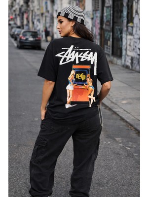 Unisex Kadın Erkek Stussy Game Girl Sırt Baskılı Oversize Kalın Kumaş Rahat Kesim Pamuklu T-Shirt