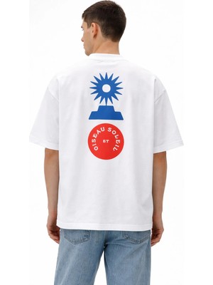 Unisex Kadın Erkek Oıseau Soleıl Sırt Baskılı Oversize Kalın Kumaş Rahat Kesim Pamuklu T-Shirt
