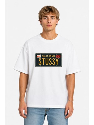 Unisex Kadın Erkek Stussy Plaka Ön Baskılı Tasarım Baskılı Oversize Kalın Kumaş Rahat Kesim T-Shirt