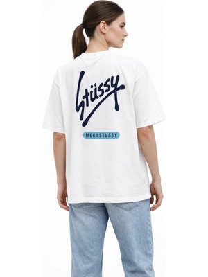 Unisex Kadın Erkek Mega Stussy Asimetrik Sırt Baskılı Oversize Kalın Kumaş Rahat Kesim Pamuklu T-Shirt