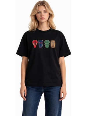 Unisex Kadın Erkek 4'lu Etnik Desen Ön Desen Baskılı Oversize Kalın Kumaş Rahat Kesim Pamuklu T-Shirt