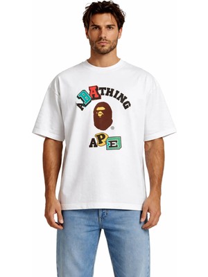 Unisex Kadın Erkek Bape Renkli Ön Logo Baskılı Oversize Kalın Kumaş Rahat Kesim Pamuklu T-Shirt