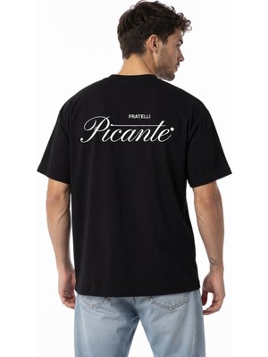 Unisex Picante Yazı Sırt Frattelı Baskılı Oversize Kalın Kumaş Rahat Kesim Pamuklu T-Shirt