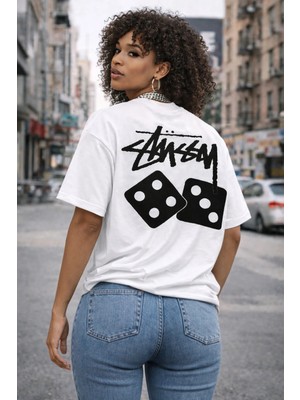 Unisex Kadın Erkek Stussy Zar Yeni Sezon Sırt Baskılı Oversize Kalın Kumaş Rahat Kesim Pamuklu T-Shirt