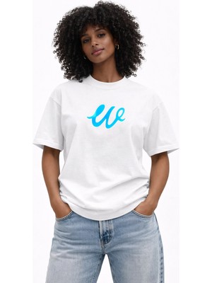 Unisex Kadın Erkek W Logo Özel El Yazılı Ön Baskılı Oversize Kalın Kumaş Rahat Kesim Pamuklu T-Shirt