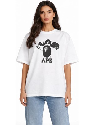 Unisex Kadın Erkek Bape Yılan ve Yazı Ön Baskılı Oversize Kalın Kumaş Rahat Kesim Pamuklu T-Shirt