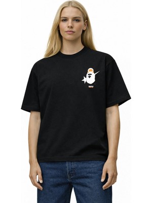 Unisex Kadın Erkek Bape Şişek ve Yıldız Ön Baskılı Oversize Kalın Kumaş Rahat Kesim Pamuklu T-Shirt