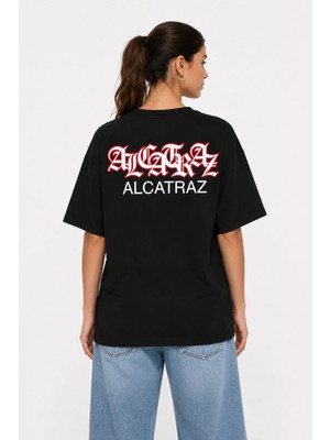 Unisex Kadın Erkek Ön Arka Alcatraz Yazı Baskılı Oversize Kalın Kumaş Rahat Kesim Pamuklu T-Shirt