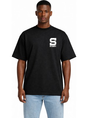 Unisex Kadın Erkek S Logo Stussy Ön Baskılı Oversize Kalın Kumaş Rahat Kesim Pamuklu T-Shirt