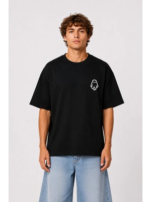 Unisex Kadın Erkek Ghost Logo Ön Baskılı Oversize Kalın Kumaş Rahat Kesim Pamuklu T-Shirt