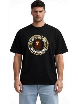 Unisex Kadın Erkek Bape Kamuflaj Ön Logo Baskılı Oversize Kalın Kumaş Rahat Kesim Pamuklu T-Shirt