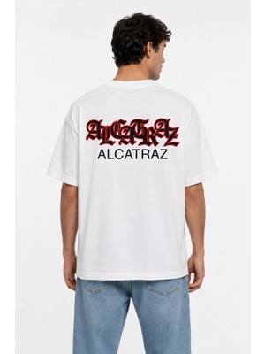 Unisex Kadın Erkek Ön Arka Alcatraz Yazı Baskılı Oversize Kalın Kumaş Rahat Kesim Pamuklu T-Shirt