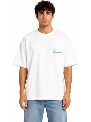 Unisex Essential Yeni Sezon Logo Ön Baskılı Oversize Kalın Kumaş Rahat Kesim Pamuklu T-Shirt