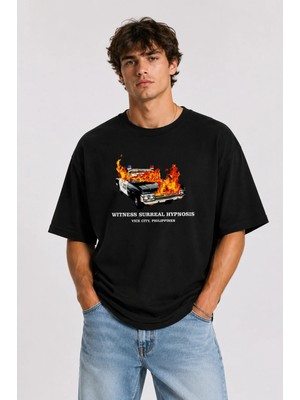 Unisex Kadın Erkek Polis Arabası Alevli Ön Baskılı Tasarım Baskılı Oversize Kalın Kumaş Rahat Kesim T-Shirt
