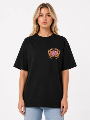 Unisex Kadın Erkek Yengeç Sticker Logo Ön Tasarım Baskılı Oversize Kalın Kumaş Rahat Kesim T-Shirt