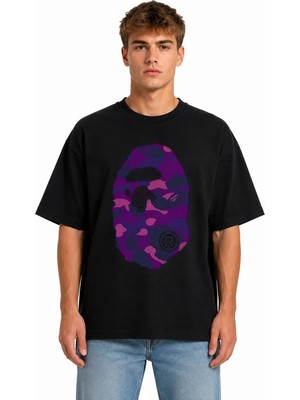Unisex Kadın Erkek Bape Goril Kamuflaj Desenli Tasarım Baskılı Oversize Kalın Kumaş Rahat Kesim T-Shirt