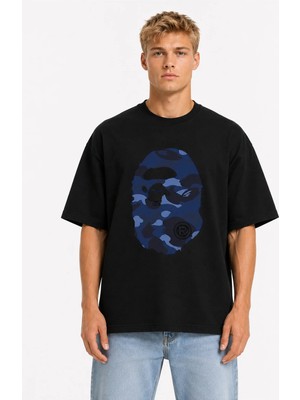 Unisex Kadın Erkek Bape Goril Kamuflaj Desenli Tasarım Baskılı Oversize Kalın Kumaş Rahat Kesim T-Shirt