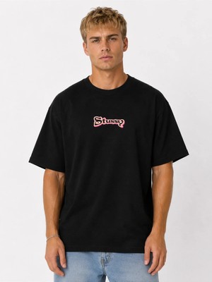 Unisex Kadın Erkek Stussy Pembe Logo Tasarım Baskılı Oversize Kalın Kumaş Rahat Kesim T-Shirt