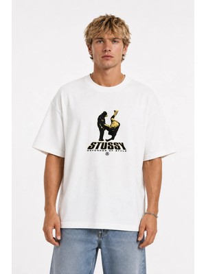 Unisex Kadın Erkek Stussy Ikili Kavga Adam Ön Baskılı Tasarım Baskılı Oversize Kalın Kumaş Rahat Kesim T-Shirt